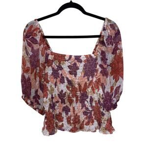 Old Navy Fitted Puff-Sleeve Smocked Top Autumn Leaves Size L